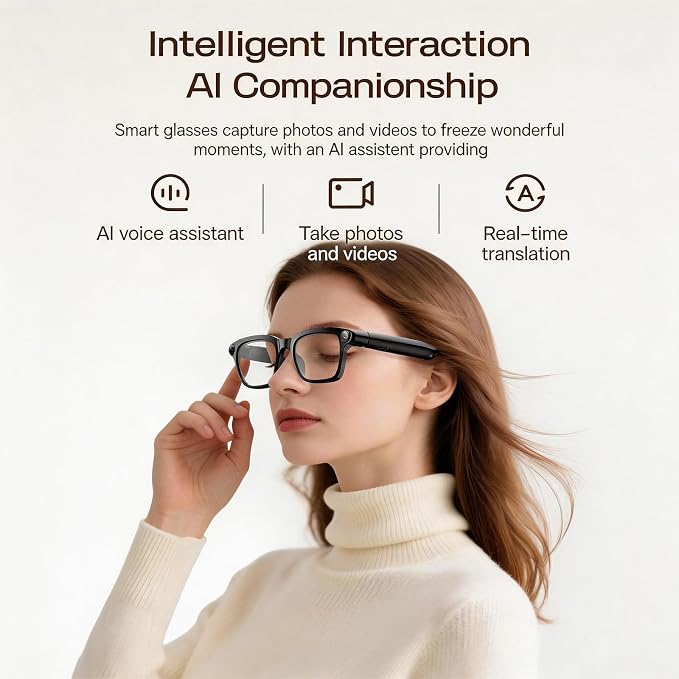 Smart Glasses with Camera, 4K HD Video, 1080P Video Recording & Photo Capture, Open-Ear Bluetooth Audio, AI Translation & Voice Assistant, Dual Lens Wearable Sunglasses for Travel Sports
