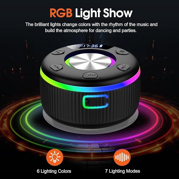 Bluetooth Shower Speaker, IP7 Waterproof Portable Bluetooth 5.3 Speakers with Suction Cup, Mini Wireless Speaker with RGB Lights Time Display, Loud Stereo Sound for Bathroom Beach Outdoor Party Gift