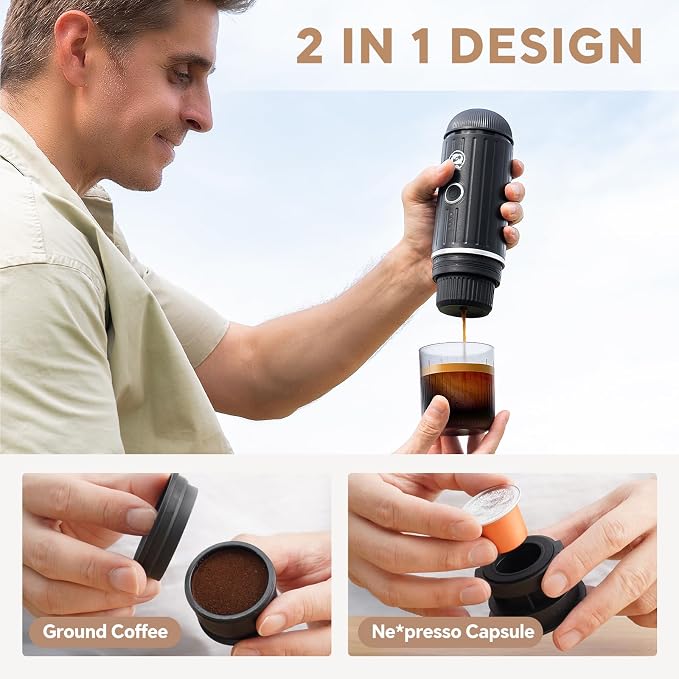 i Cafilas Portable Espresso Machine Self-Heating | Battery Powered Coffee Maker for Camping without Electricity| 2-in-1 Ground Coffee&NS Capsule|19 Bar| USB-C Fast Charge| Black Coffee Maker for Car