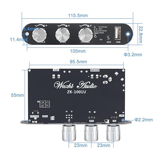 2PCS ZK-1001U Mono Amplifier Board with TWS, 100W Power Output, Vehicle Amplifier Wide Voltage Input 9-24V, Supports USB/AUX/Bluetooth