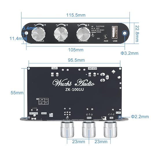 ZK-1001U Mono Amplifier Board with TWS, 100W Power Output, Vehicle Amplifier Wide Voltage Input 9-24V, Supports USB/AUX/Bluetooth