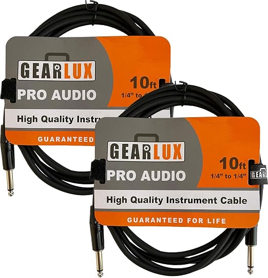 Gearlux Instrument Cable/Guitar Cable, 1/4 Inch, Straight to Straight, Black, 10 Feet - 2 Pack