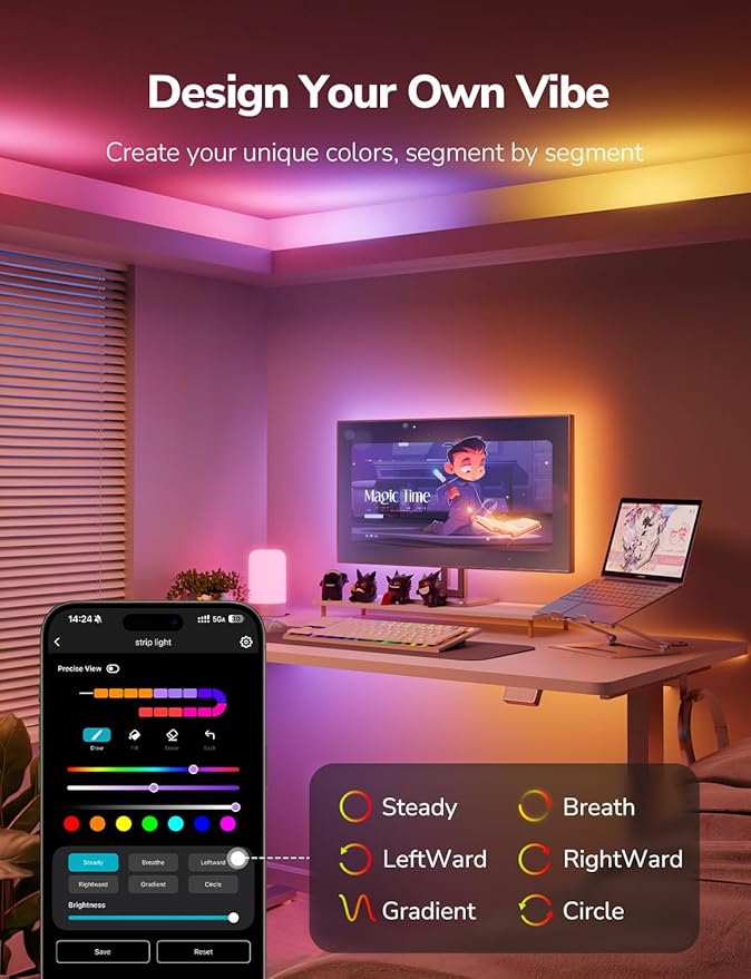 Lepro S1 AI LED Strip Lights for Bedroom - 16.4ft Smart RGB Light Strips with IC and Rainbow Chasing Effects, Color Segment DIY, Personalized Al Lighting Designer, No Remote, 2.4G Wi-Fi & Bluetooth