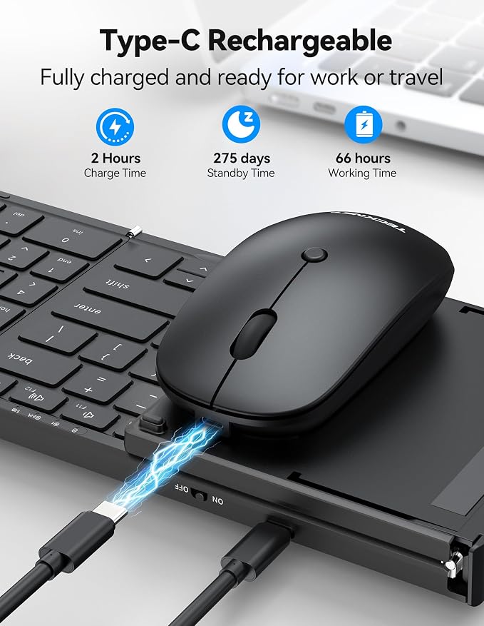 TECKNET Foldable Bluetooth Keyboard and Mouse Combo, Wireless Keyboard Mouse, Rechargeable 2.4G & Dual Bluetooth Travel Keyboard Mouse Set for Business Travel, Compatible with Windows/Mac/iOS/Android