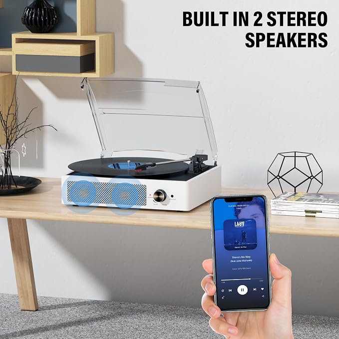 Record Player with Speakers Vintage Belt-Driven Turntable Bluetooth 3 Speed 3 Size Wireless Playback AUX-in RCA Out Headphone LP Vinyl Players Auto Stop Fashion White