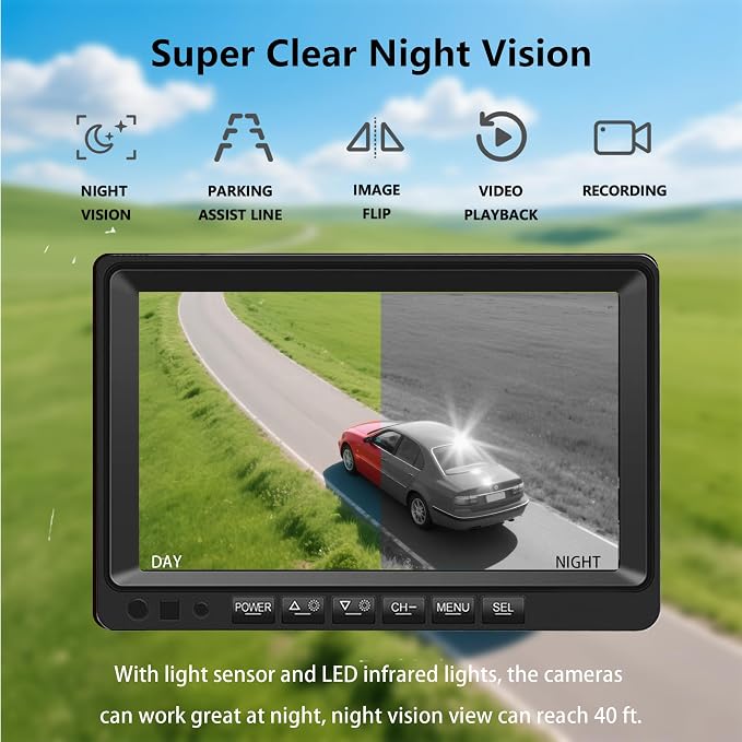 7'' RV Camera System for RV Semi-Truck Trailer Camper, 4 Split Screen Quad View HD DVR Recording Monitor + IP69K Waterproof Night Vision Rear & Side View Backup Camera to Eliminate Blind Spots