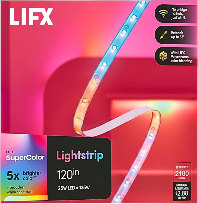 LIFX Supercolor Smart LED Strip Lights 10ft (120" Kit), Color Changing Multizone RGB + Tunable White, 24 Color Zones, 2.4GHz, No Hub, Apple HomeKit, Alexa & Google Home, Music Sync, Dimmable