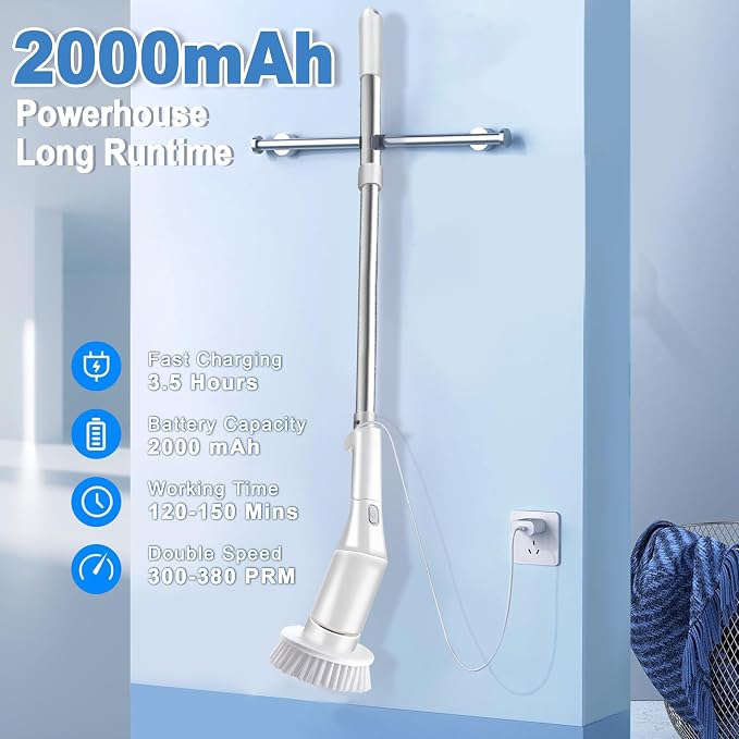Electric Spin Scrubber, Brush Head Angle Adjustable, Shower Brush, Cordless Cleaning Brush IPX6 Waterproof, 6 Replaceable Brush Heads, Extendable Handle, 2 Speed, for Bathroom, Tile, Kitchen, Car