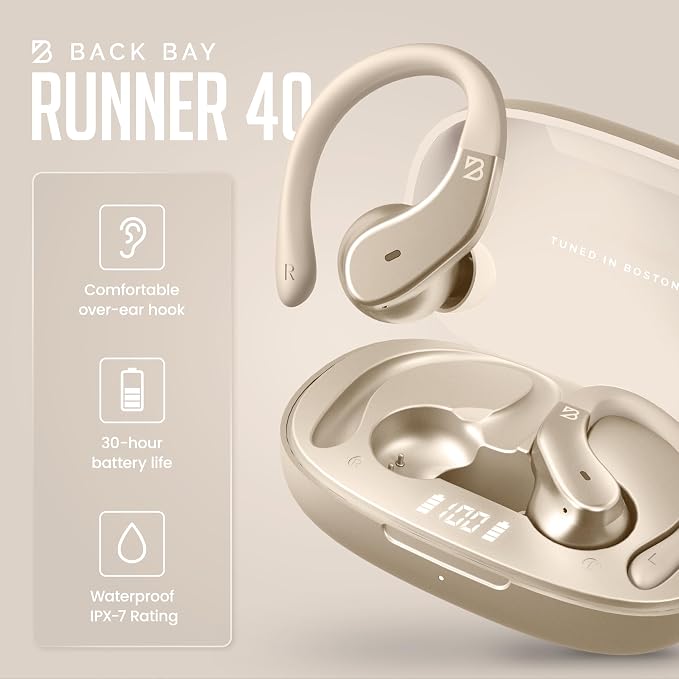 Back Bay Audio - Runner Wireless Earbuds for Running, Workout Wrap Around Earbuds Bluetooth Headphones for Sports, Around The Ear Wireless Bluetooth Running Headphones, Hook Over Earphones Earhooks