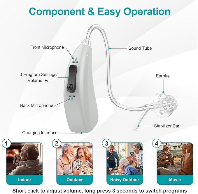 Rechargeable Hearing Aids for Seniors with Noise Reduction, BTE Hearing Aids for People with Mild Moderate Severe Hearing Loss, Dual Microphones, Comfortable Fit - Gray