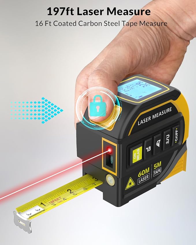 TEPU Laser Tape Measure 4-in-1, 197FT Laser Distance Meter with 16FT Auto-Lock Tape, Cross-Line Laser Level, Dual-Axis Angle, Backlit LCD, Distance/Area/Volume, Pythagorean Theorem & Angle Measurement