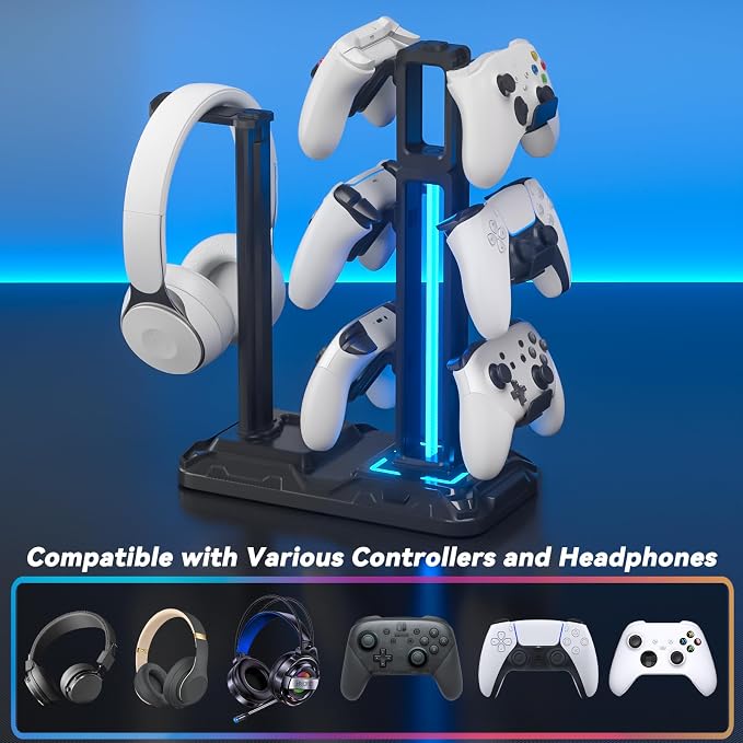 KDD RGB Multi-Controller Holder with 9 Light Modes & Headphone Stand with Charger Port and Multifunctional Storage