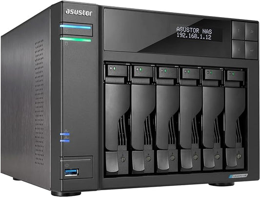 Asustor Lockerstor 6 Gen2 AS6706T - 6 Bay NAS, Quad-Core 2.0 GHz CPU, 4X M.2 NVMe Slots, Dual 2.5GbE, Upgradable to 10GbE, 8GB DDR4 RAM, Content Creation Network Attached Storage (Diskless)