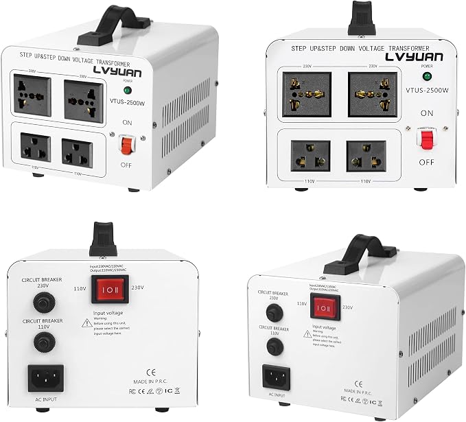 LVYUAN 2500W Voltage Transformer Converter Step Up/Down Converter 110/120 Volt - 220/240 Volt with 2 US&2 Universal Outlet and CE Certified,Circuit Break Protection