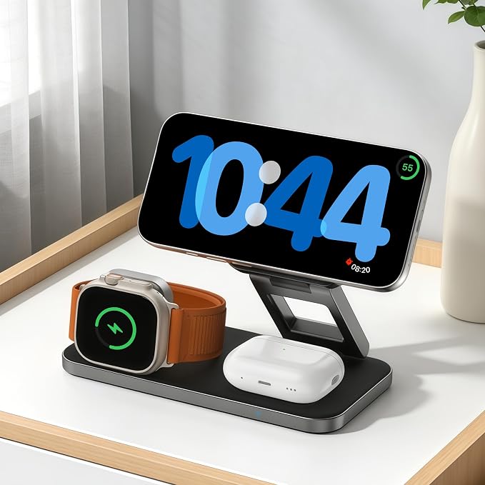 3 in 1 Magnetic Wireless Charger for Multiple Devices, Fast Foldable Travel Mag-Safe Charger Stand for iPhone 17 16 15 14 13 12, Wireless Charging Station for iWatch Series, for AirPods Black