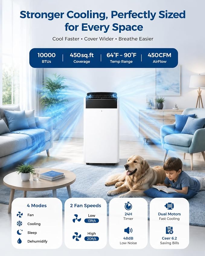 10000 BTU Portable Air Conditioners, Cools Up to 450 Sq. Ft, 3-in-1 Portable AC Unit for Rooms with Remote Control, Quiet Mode, 24-Hour Timer, Window Installation Kit for Home