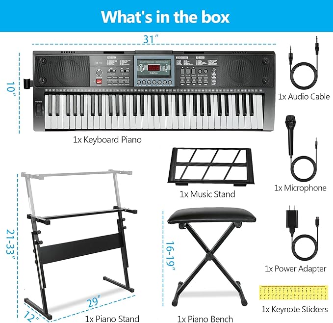 61 Key Keyboard Piano for Beginners w/Stand Bench, Lighted Keys in Follow | Dual Power Mode,Teaching Mode,70 Demos,200 Tones/Rhythms,Pitch Bend Key Drum Dual Key Metronome Chord Sync Sustain Program