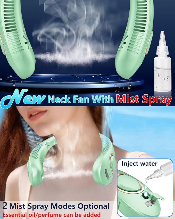Neck Fan that Blow Cold Air with Water Mist, Rechargable USB-C & LED Display, Personal Ventilador de Agua de Aire Frio, Mobile Portable Wearable AC Fans for Kid Girl Mens Outdoor Travel Sports, Green