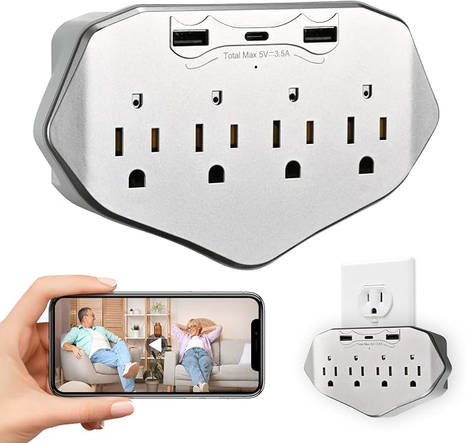 1080P WiFi Wall Outlet Camera, Indoor Surveillance Cam with Multi-Port Charger, 4 AC Outlets, USB & Type-C Ports, Motion Detection, Loop Recording, Remote View