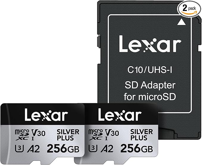 Lexar 256GB (2-Pack) Professional Silver Plus Micro SD Card, UHS-I, C10, U3, V30, Full HD & 4K, Up to 205/150 MB/s microSDXC Memory Card, for Videographers, Gamers (LMSSIPL256G-B2ANU)