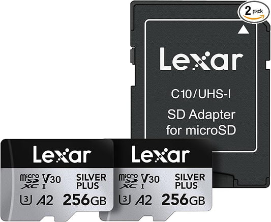 Lexar 256GB (2-Pack) Professional Silver Plus Micro SD Card, UHS-I, C10, U3, V30, Full HD & 4K, Up to 205/150 MB/s microSDXC Memory Card, for Videographers, Gamers (LMSSIPL256G-B2ANU)