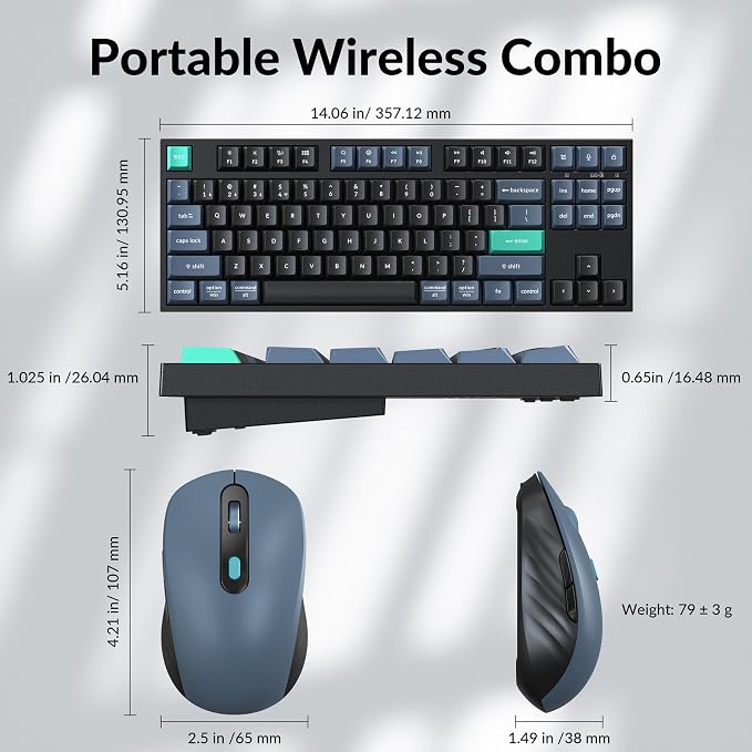 Keychron B33 Wireless Keyboard & BM25 Mouse Combo, 2.4 GHz/Bluetooth 5.2/Wired, 80% TKL Silent Portable Ergonomic Keyboard Adjustable DPI Mouse, Unifying Receiver for macOS Windows Linux
