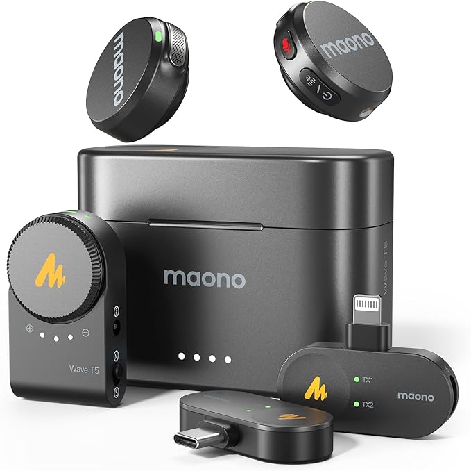 MAONO Wave T5 Mini Magnetic Wireless Lavalier Microphone for Content Creators Video Recording – AI Noise Cancellation, 48kHz/24bit, 4 Voice Filters, 40H, 1000ft Range for iPhone/Android/Camera/PC