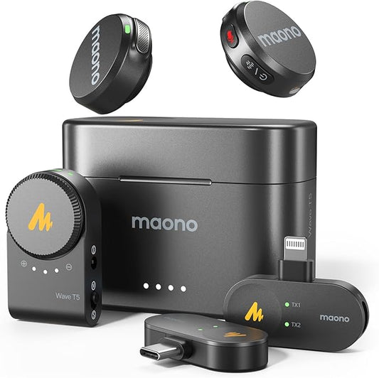 MAONO Wave T5 Mini Magnetic Wireless Lavalier Microphone for Content Creators Video Recording – AI Noise Cancellation, 48kHz/24bit, 4 Voice Filters, 40H, 1000ft Range for iPhone/Android/Camera/PC