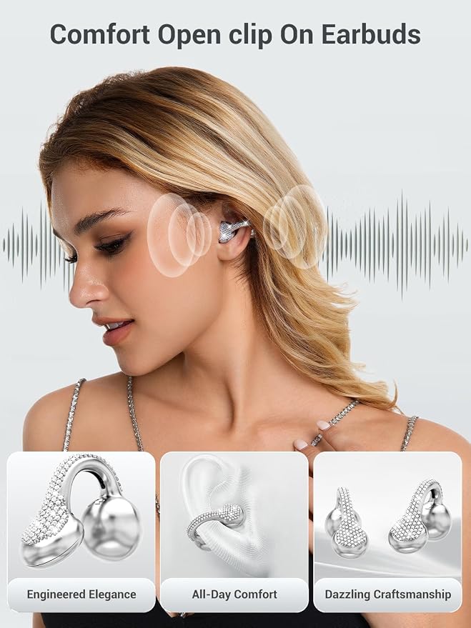 JewelPods C01 Pro Open Ear Headphones, Luxury Jewelry Wireless Earbuds, SLV | Clip-On Wireless Bluetooth Earbuds Secure, Lightweight, Premium Audio-Water Resistant-Up to 72 hrs Play,Gift for Her