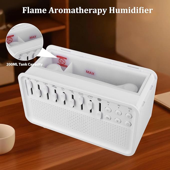 White Noise Sleep Sound Machine with 8 Nature Sounds, 3-Color Night Light, BT Speaker, 150ML Flame Aromatherapy Diffuser, 30/60/120 Min Sleep Timer, for Adults, Kids & Babies