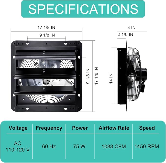 14 Inch Shutter Exhaust Fan for Greenhouse, Shed, Garage, Barn, Chicken Coop Ventilation, 1088 CFM High Power Wall Mount Attic Fan with Speed Controller and Power Cord, Black