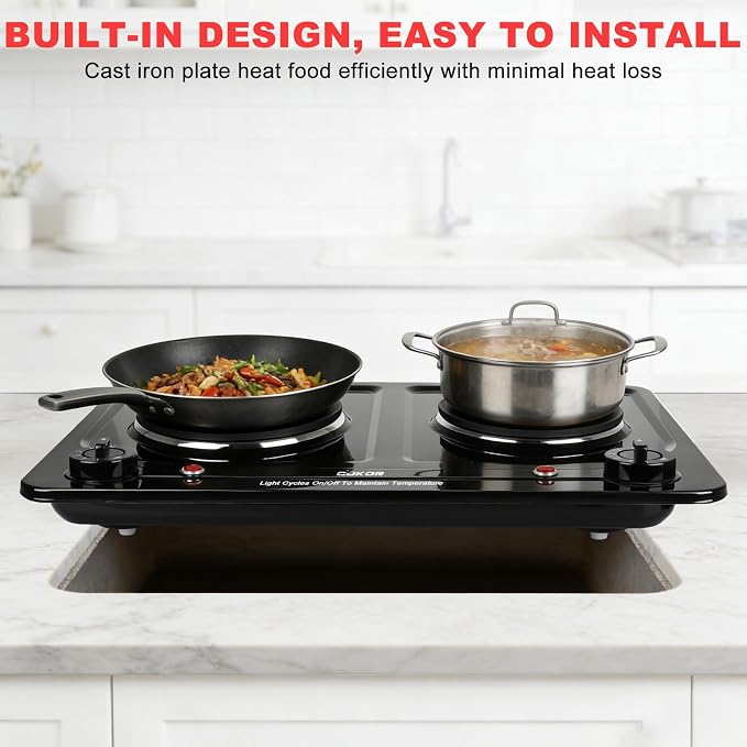 Double Burner Electric Hot Plate, 1800W Cast Iron Heating with Adjustable Temperature Control, Stainless Steel Body for Home, Dorm & Commercial Use