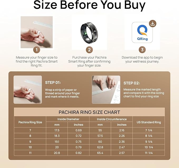 Pachira Smart Ring, Dual 14K Gold Inlays, Fitness/Sleep/Stress/Heart Rate/SpO2 Tracker, No App Subscription, 7-Day Battery Life, Size Before You Buy, Black (US Size 9.25)