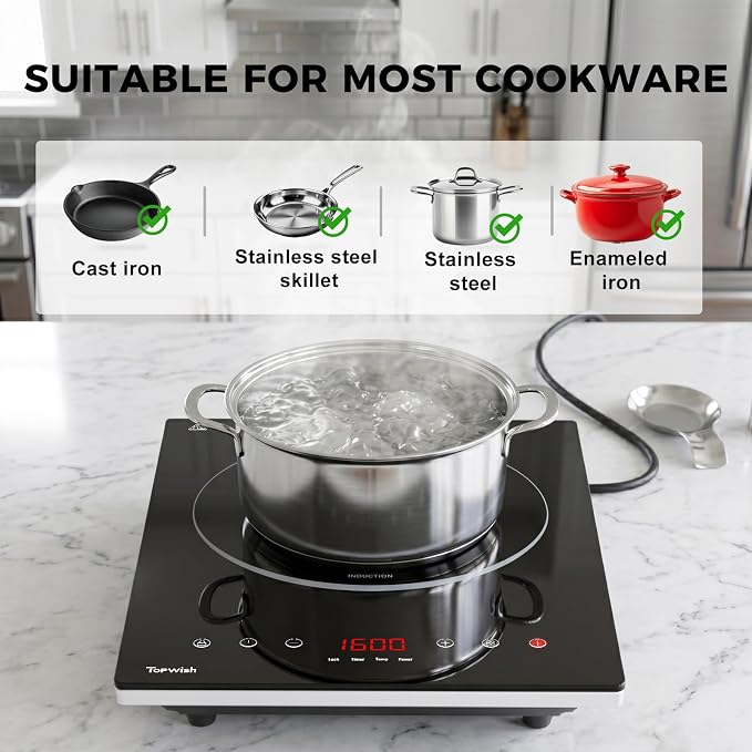 Induction Cooktop, TOPWISH Portable Hot Plate Electric Induction Burner, 10 Temp Levels up to 464°F, 110-120V Electric Stove Top Cooker with High Energy Efficiency & Kids Lock for Cooking, 1600W