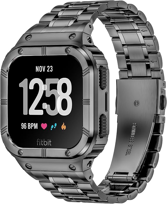 BAITEYOU Stainless Steel Watch Band with Case Compatible for Fitbit Versa/Fitbit Sense Bands, Rugged Protective Bumper Metal Wristbands for Men Women