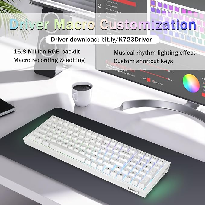 Redragon K723 Wireless Mechanical Gaming Keyboard Creamy, Bluetooth/2.4G/USB-C Wired, RGB Backlit, Hot Swappable Pre-lubed Linear Switches, 96% Custom Gasket Structure for PC/Mac/PS/Xbox,White