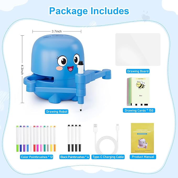Drawing Robot for Kids Toy, Gifts for 3 4 5 6 7 8 9 Year Old Boys & Girls | Robot Drawing Machine, Electric Music Painting Learning Toys, Birthday Christmas Gifts, 150 PCS Cards, 12 Color Pens, Blue
