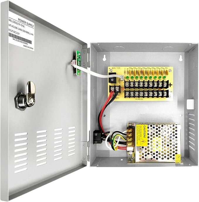 9 Channel 12 Volt DC Output 5A CCTV Distributed Power Supply Box for Security Camera with AC Plug and Lock for Security Cameras, DVRs, CCTV Power Supply (5A 9-Channel)