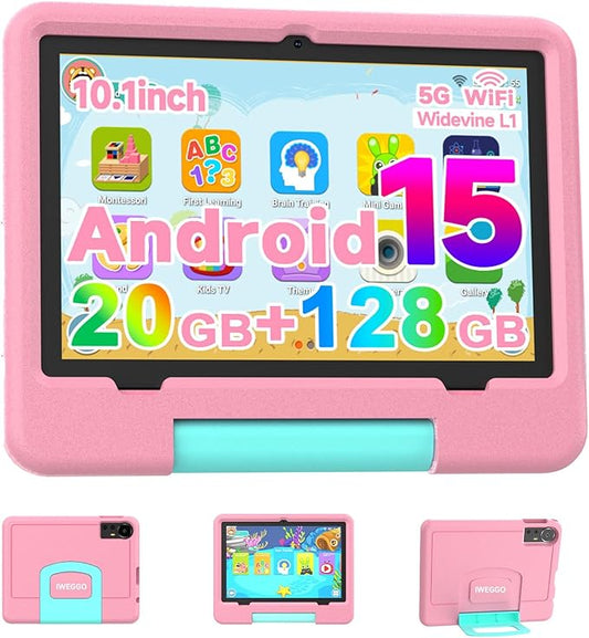 IWEGGO Android 15 Kids Tablet with EVA Case, 10 inch Tablet for Kids, 20GB RAM+128GB ROM/MAX 2TB, 1280 * 800 IPS HD Eye-Care Touch Screen, 2.0GHz Quad-core Toddler Tablets, 5G WiFi6, Widevine L1 Pink