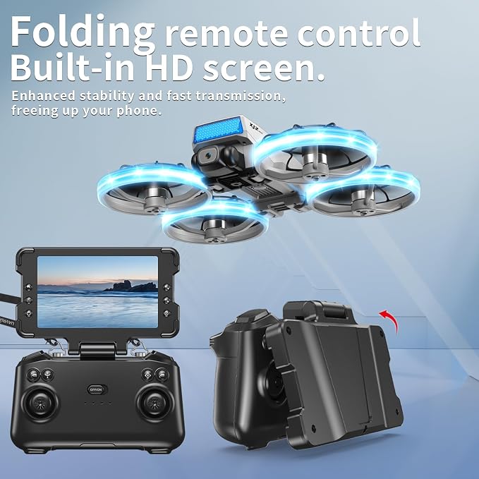 HD Camera Drone with Foldable Remote Controller Featuring Built-in Display and Detachable Lanyard, Portable Foldable Body Weighing Under 250g, Propeller Guards, RC Quadcopter with 360-Degree Flip, One-Key Takeoff/Landing, Ideal Gift for Beginners and A...