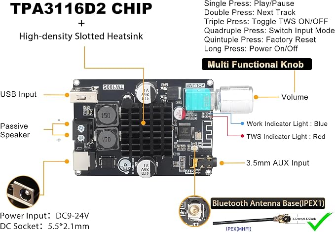 2PCS TW100S Mono Bluetooth Amplifier Board with TWS, 100W Vehicle Audio Amplifier with TPA3116, Wide Voltage Input 9-24V, Supports USB/AUX/Bluetooth Input