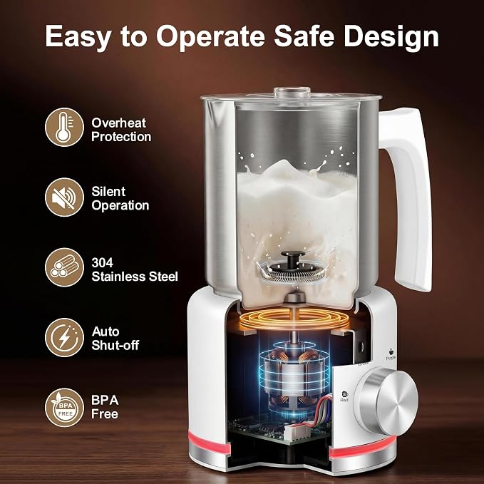 Milk Frother, 16.9 OZ Milk Frother and Steamer, 4 in 1 Electric Milk Frother Dishwasher Safe Durable Silent Frother for Coffee Hot and Cold Foam Maker (White Stainless)