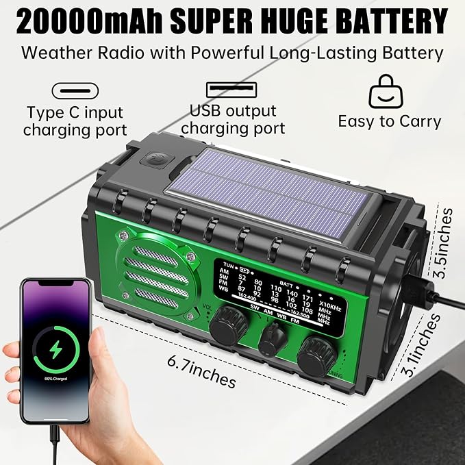 Aivica 20000mah Emergency Radio, SW/NOAA/AM/FM Weather Radio, Solar Powered Hand Crank Chager with Bige Batery Powered,Portable,Cellphone Charge,SOS,Flashlight for Emergency/Home