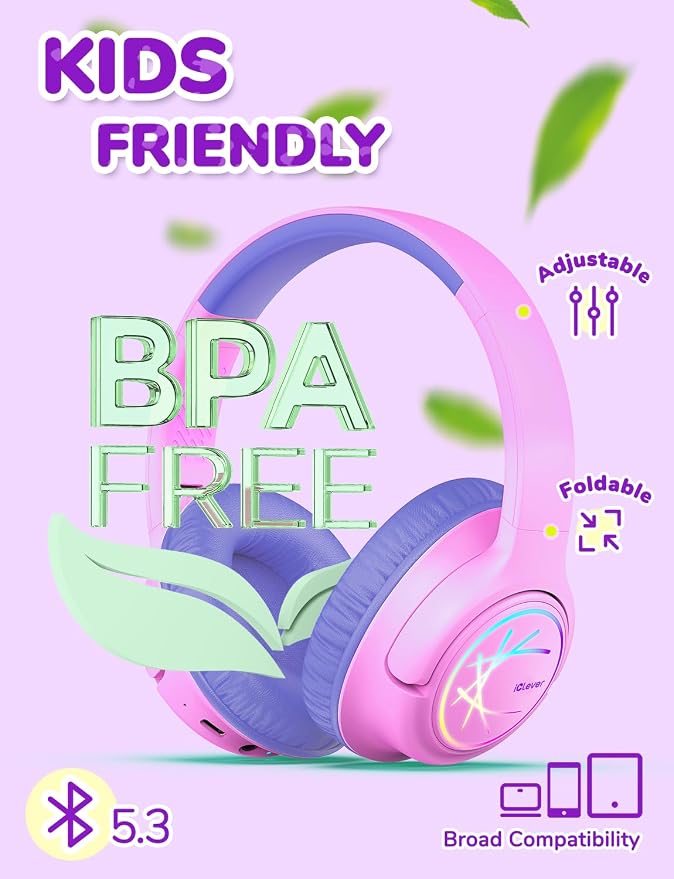 iClever Kids Bluetooth Headphones with LED Lights, BTH18 Safe Volume 74/85dBA, 43H Playtime, Bluetooth5.3 Kids Headphones Wireless Aux Cord for iPad/Tablet/Travel/School, Pink/Blue