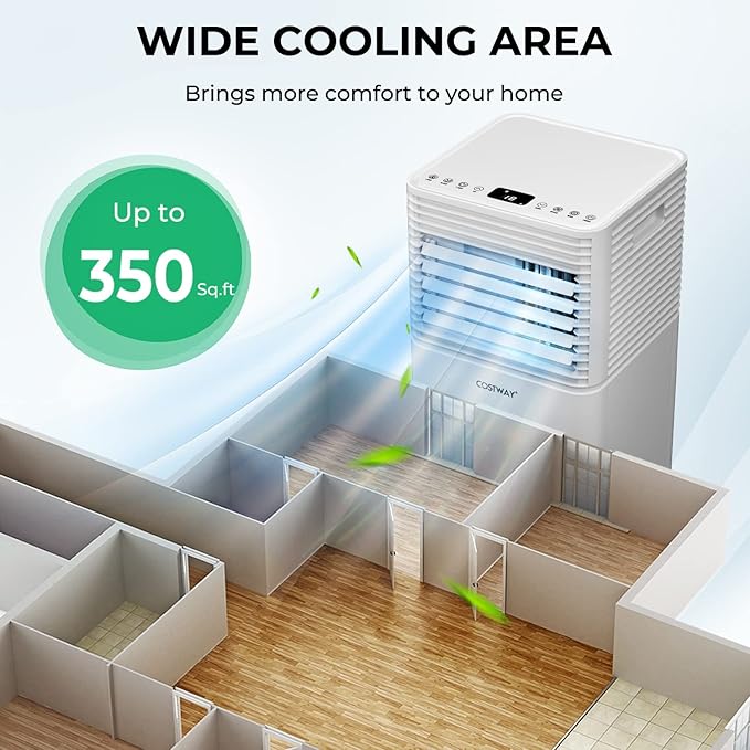 COSTWAY Portable Air Conditioner, 10000BTU AC Cooling for Room Spaces up to 350sq.ft, with Remote Control, 24H Timer & Window Venting Kit, with Sleep Mode, for Bedroom, Living Room, White