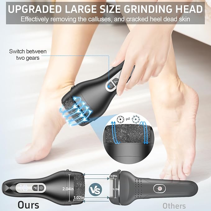 AdamPark Electric Foot File Callus Remover, Rechargeable Pedicure Tools Foot Care Kit, Portable Callus Remover Kit with 3 Roller Heads,2 Speed,Battery Display (Black KW)