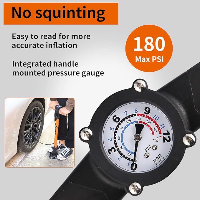 TOOLITIN Pro Bike Pump, Ergonomic Bicycle Pump with Integrated Handle Mounted Pressure Gauge, 180 Psi, Fits Presta and Schrader Valve