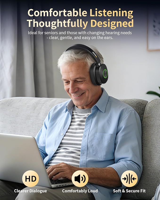 Wantek Wireless Headphones for TV Watching, TV Headphones Wireless for Seniors with Transmitter Charging Base, No Delay Bluetooth Headset for Hard of Hearing, Plug and Play