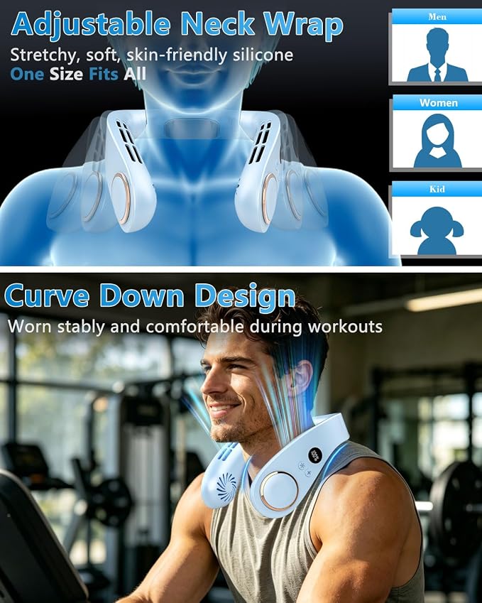 Neck Fan with Cooling Plate-24H Quiet Powerful Fans that Blow 5 Speed&Power LED Display-USB 5500mAh Bladeless Wearable Personal AC Cooler for Light Blue