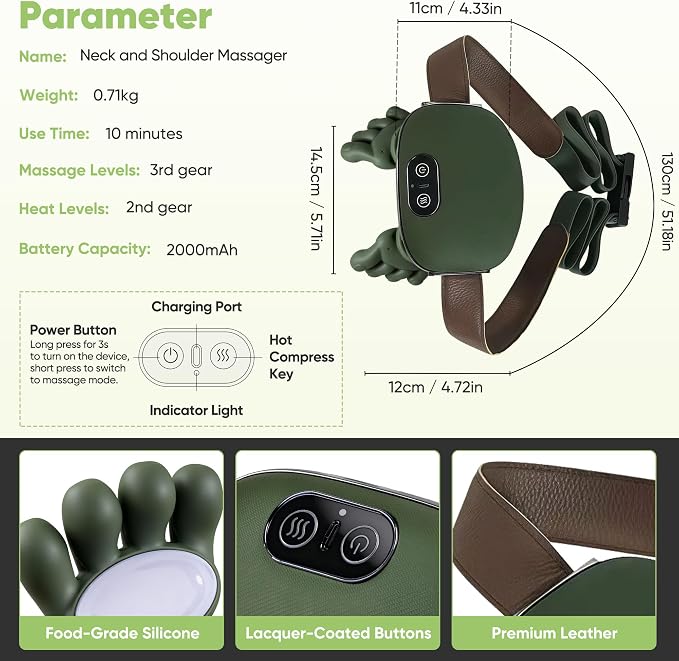 Shoulder and Neck Massager, Bionic Heated Massager, Neck Massager with Fingers, 4D Kneading Massage, Simulates a Real Palm Massage for Comfort, Relax Muscle Tension (Green)
